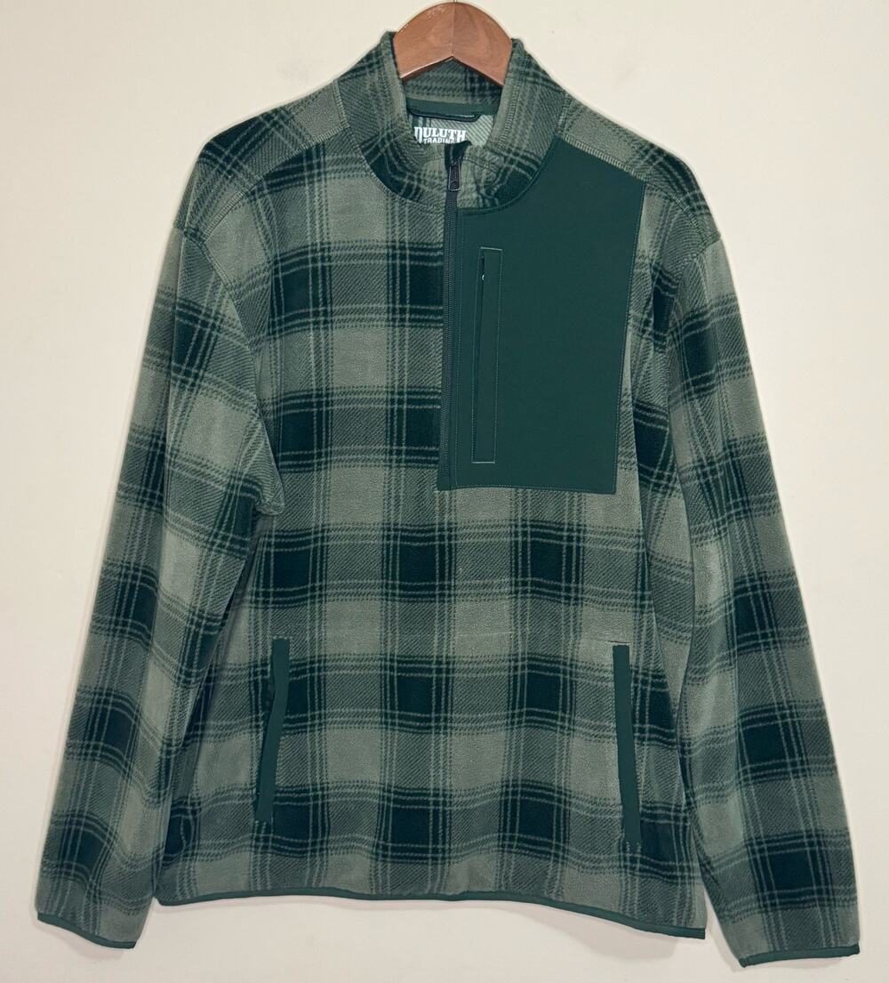 Duluth Trading Co Relaxed Fit Fleece Pullover Mens Large Green Plaid Zip Pockets